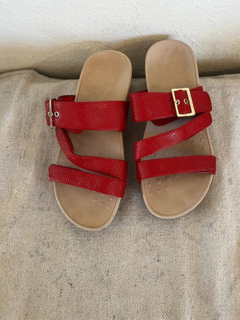 Vionic Red Strappy Slide Sandals with Gold Buckle